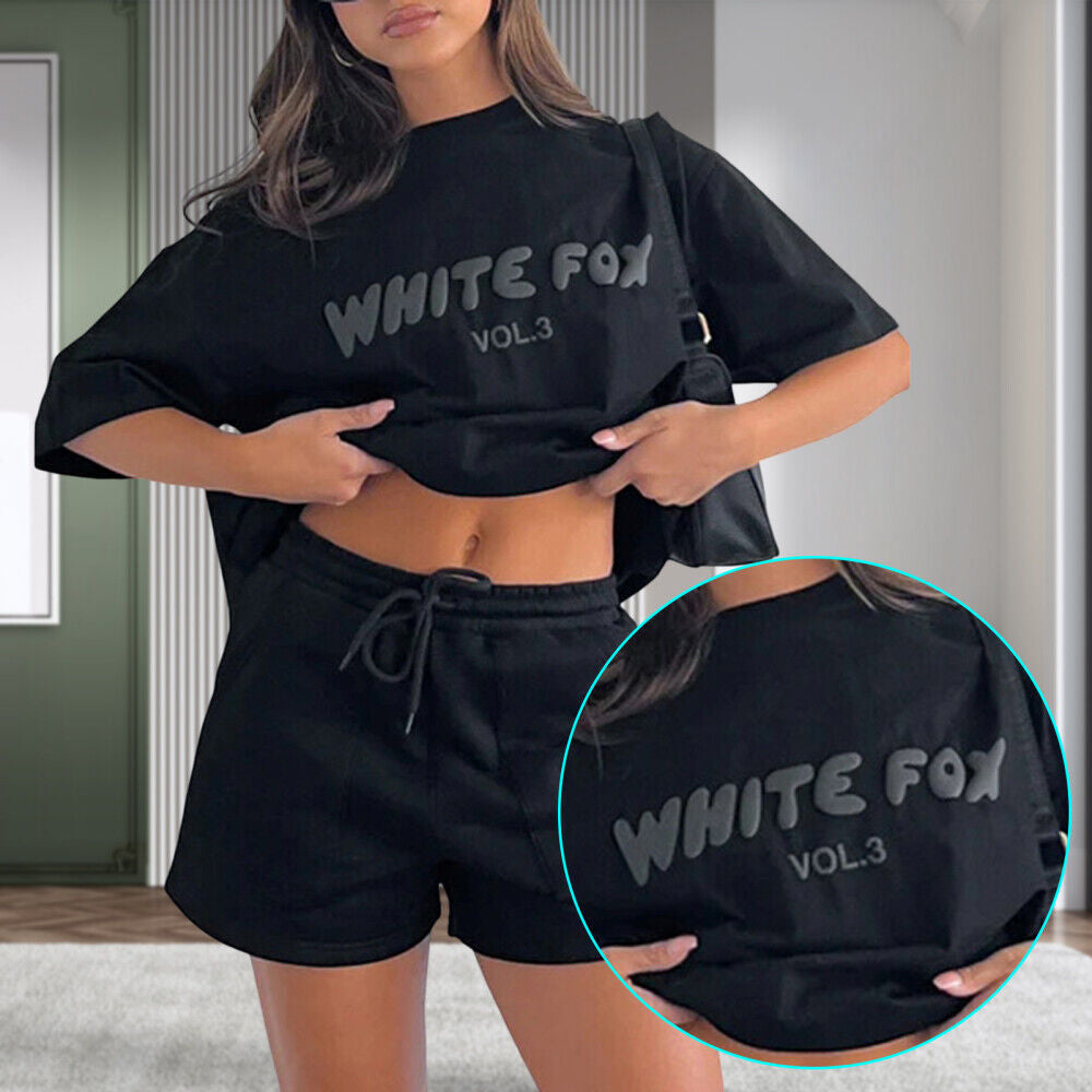 2 Piece White Foxs-Boutique Womens Tracksuits T-Shirt Top Shorts Pants Set AU