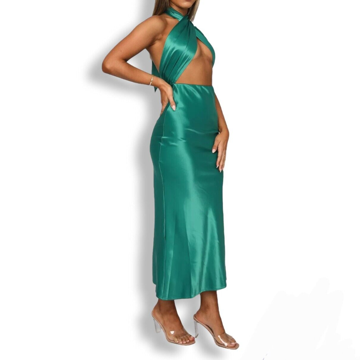 White Fox Emerald Green Silk-Look Crossover Halter Midi Dress Medium AU 10-14