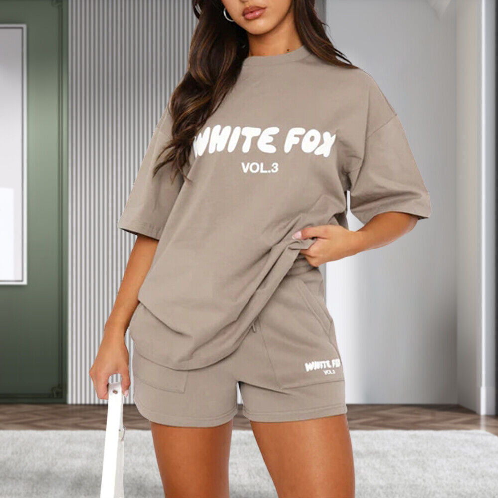 2 Piece White Foxs-Boutique Womens Tracksuits T-Shirt Top Shorts Pants Set AU