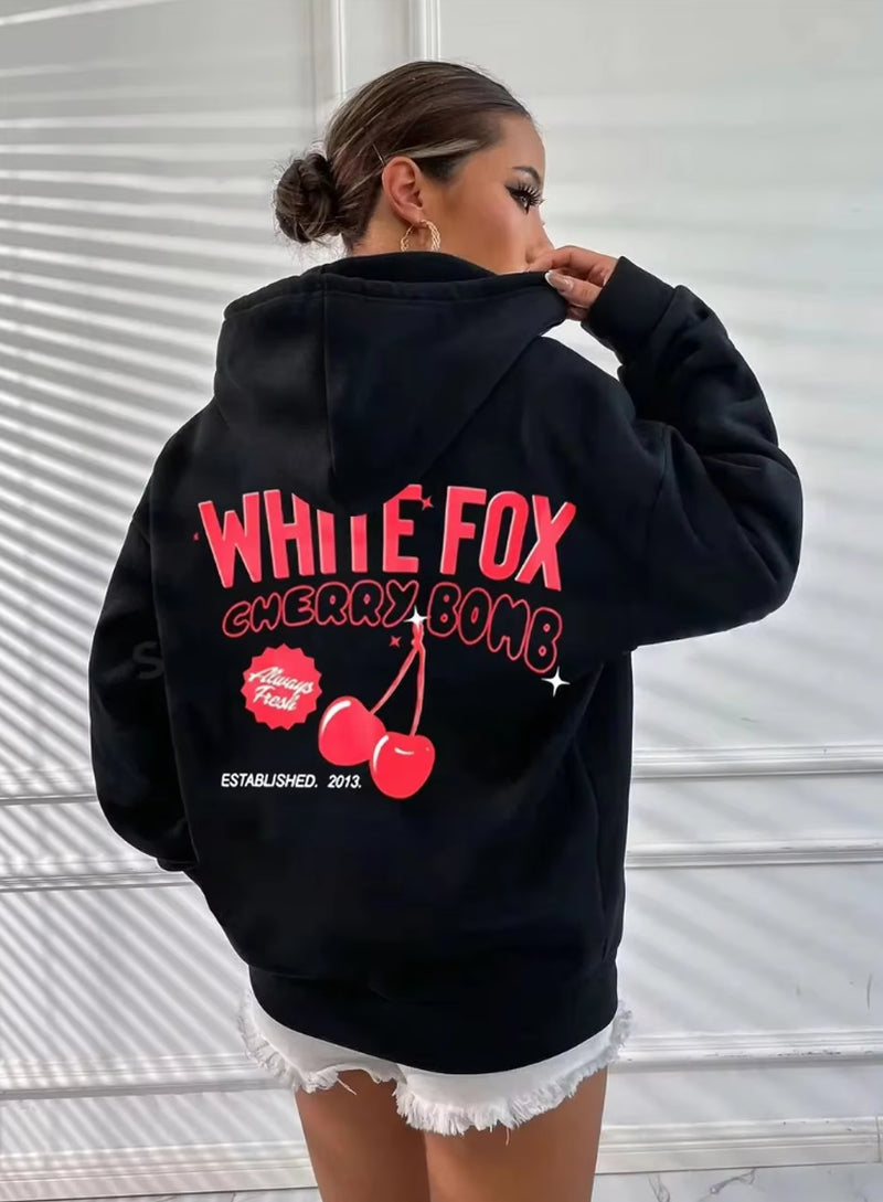 New White Fox Cherry Bomb Print plus Size Hooded Sweatshirt Women'S Cotton High