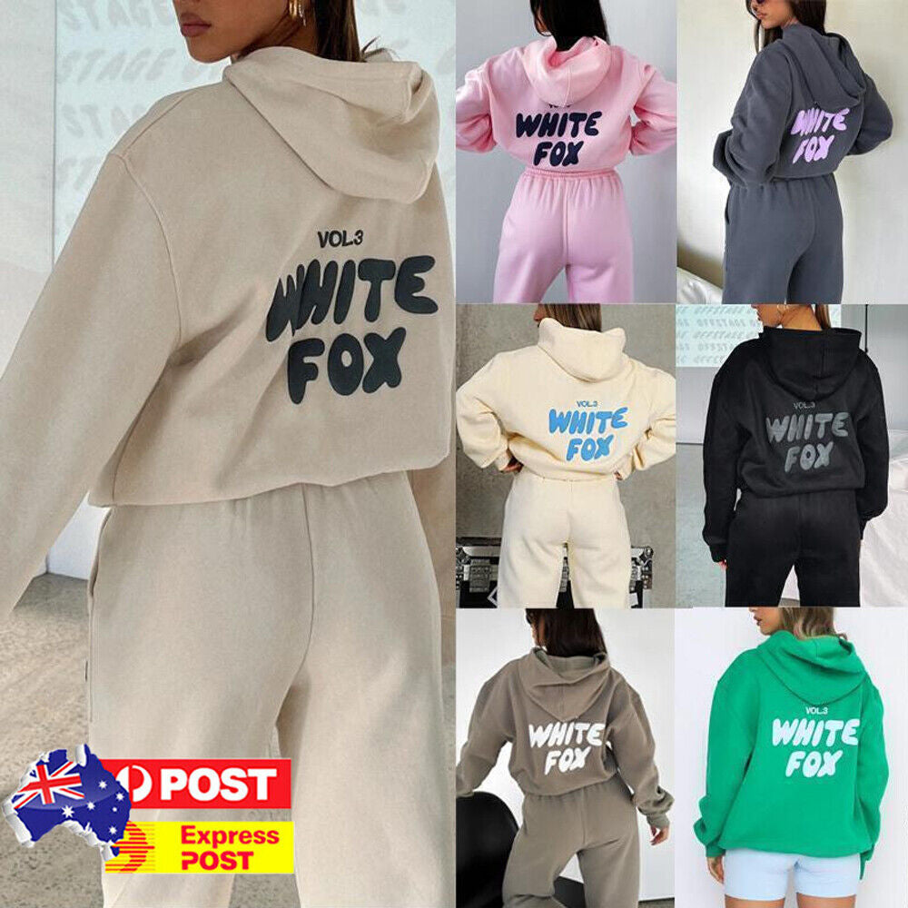 White Fox Women'S Casual Hoodie Tracksuit Set Hooded Sweatshirt Pullover 2Pcs