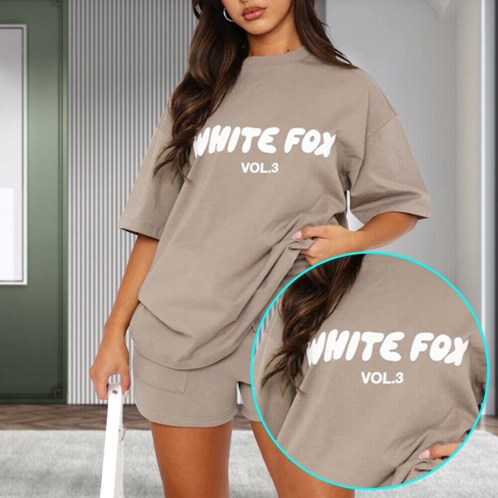 2 Piece White Foxs Womens Boutique T-Shirt Shorts Set Sweatshirt Sweatpants 2024