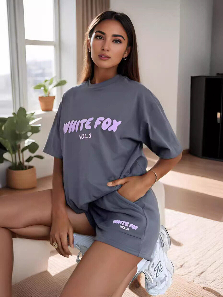 2 Piece White Fox Womens Boutique T-Shirt Shorts Set Sweatshirt Sweatpants