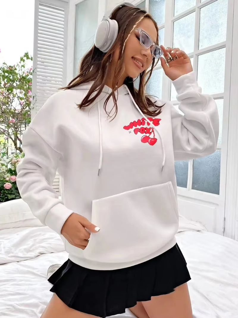 New White Fox Cherry Bomb Print plus Size Hooded Sweatshirt Women'S Cotton High