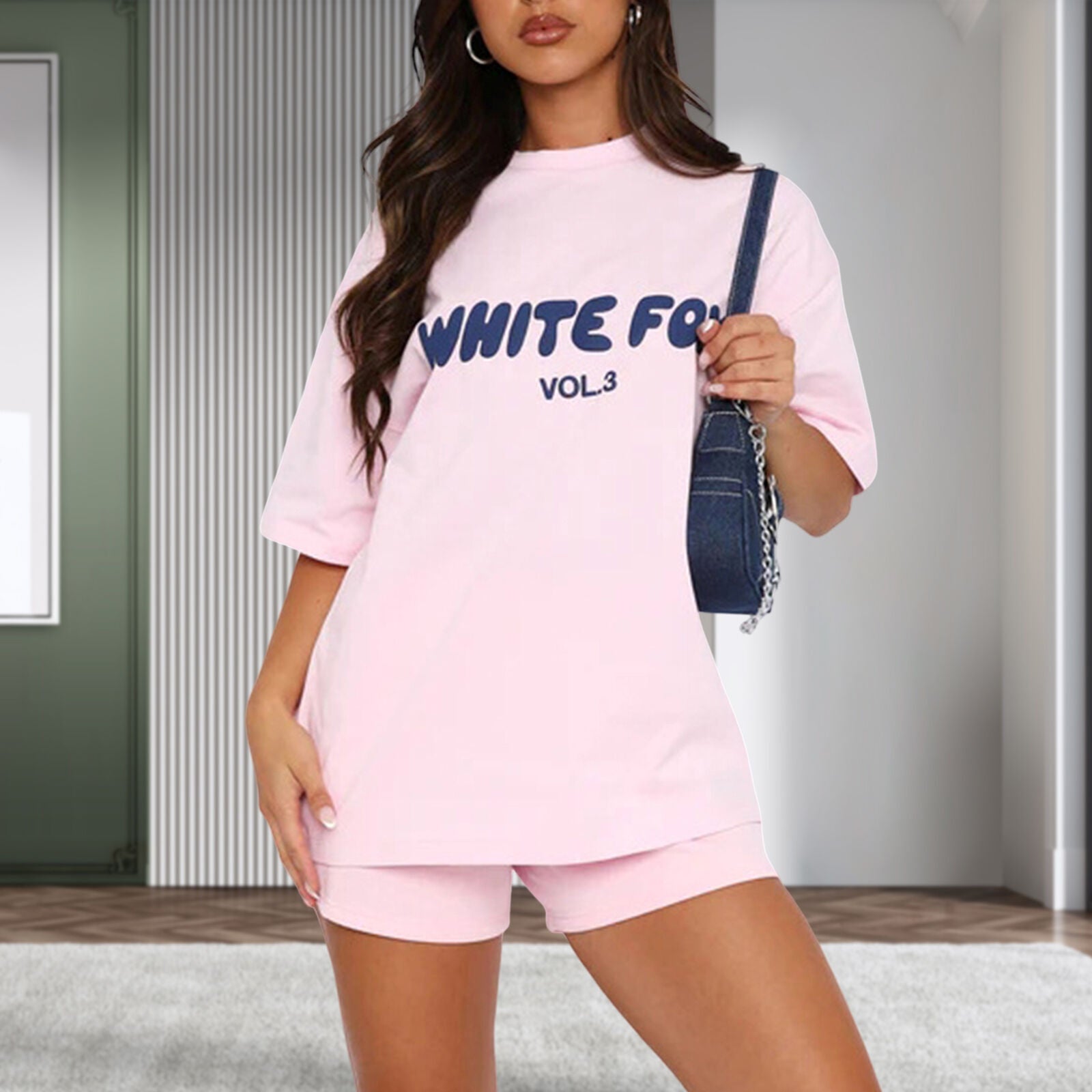 2 Piece White Foxs Womens Boutique T-Shirt Shorts Set Sweatshirt Sweatpants