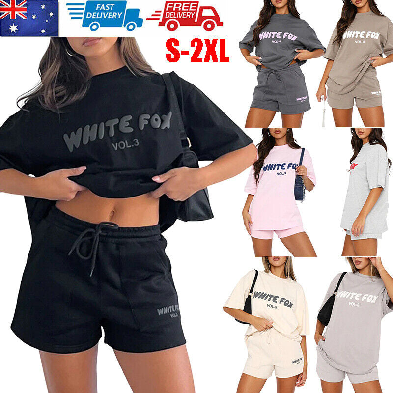 2Pcs White Foxs Boutique Womens Tracksuits T-Shirt Top Shorts Pants Hot