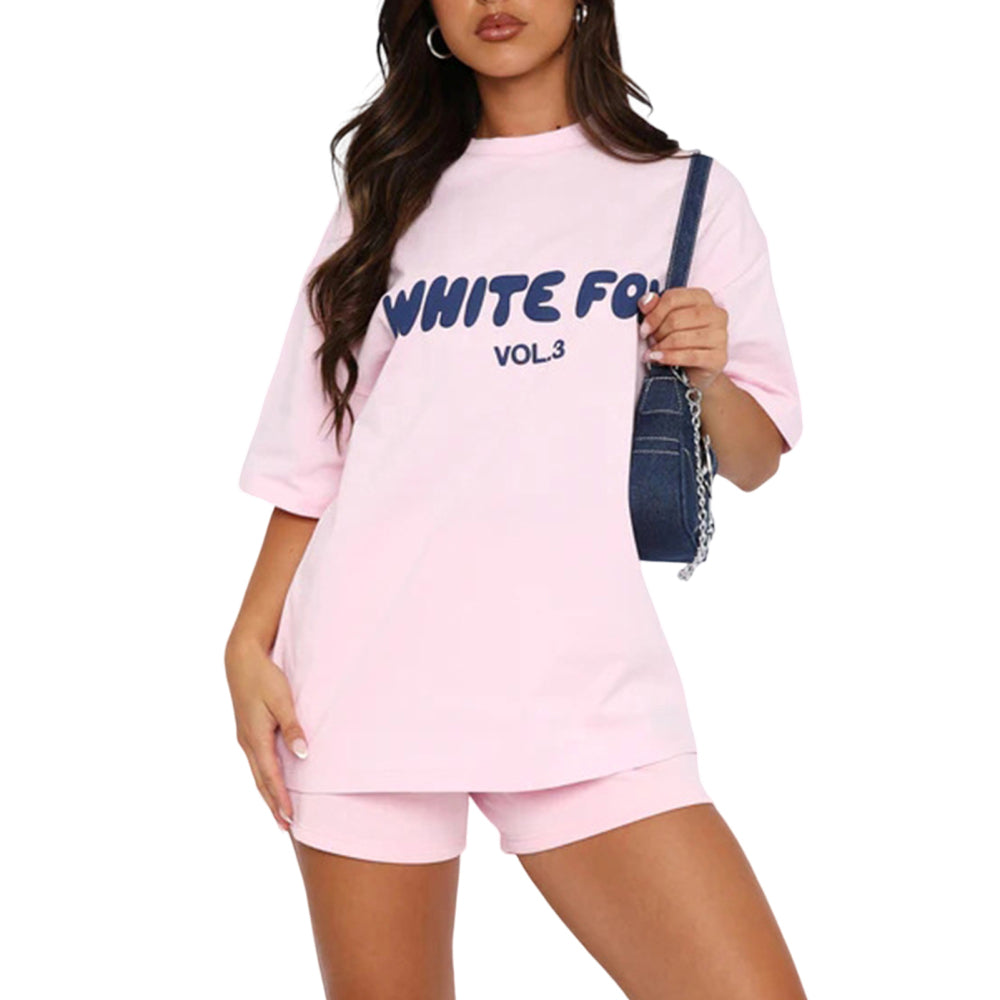 2 Piece White Foxs Womens Boutique T-Shirt Shorts Set Sweatshirt Sweatpants 2024