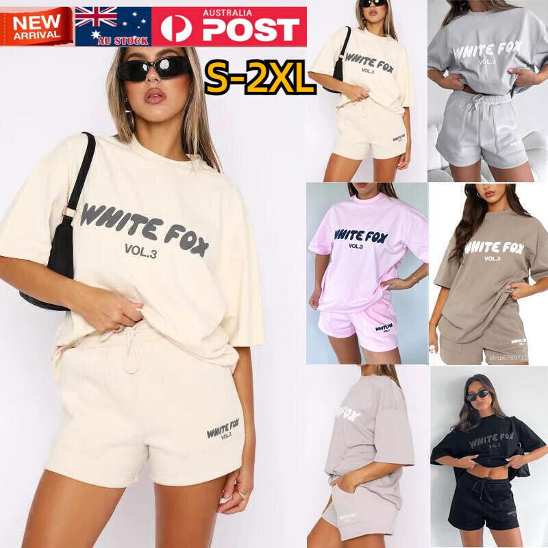 2PCS White Foxs Boutique Womens Tracksuits T-Shirt Top Shorts Pants 2024 Hot