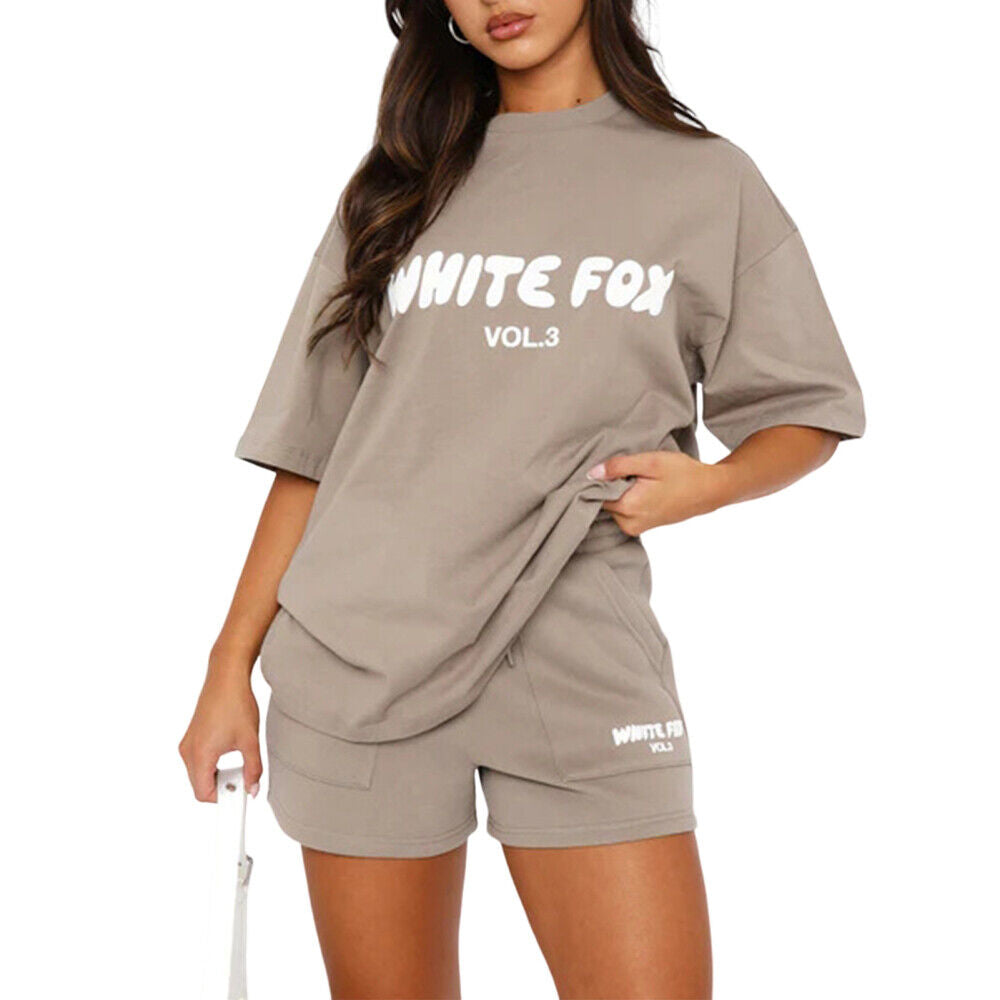 2 Piece White Foxs Womens Boutique T-Shirt Shorts Set Sweatshirt Sweatpants 2024