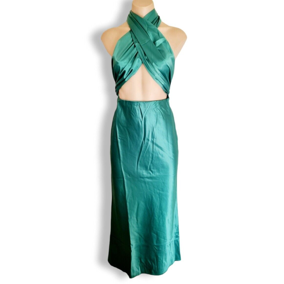 White Fox Emerald Green Silk-Look Crossover Halter Midi Dress Medium AU 10-14