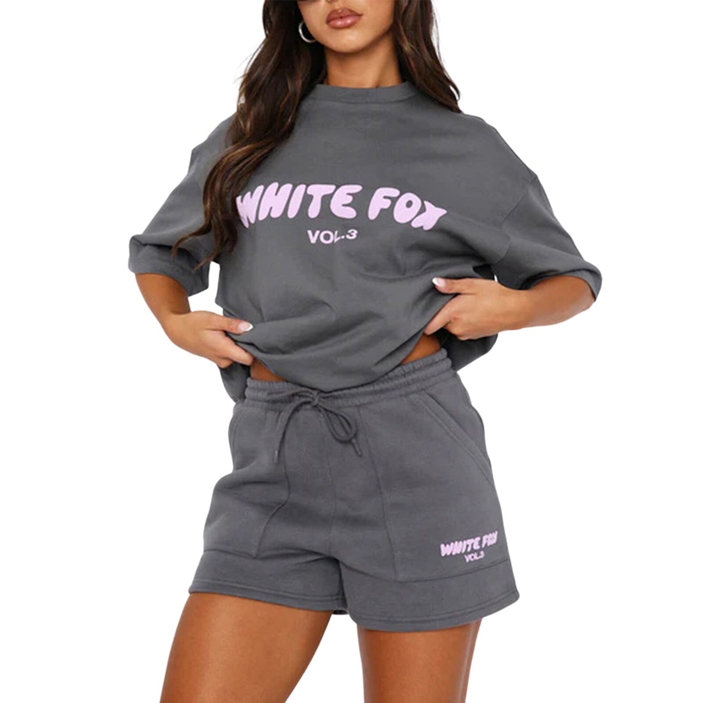 2 Piece White Foxs Womens Boutique T-Shirt Shorts Set Sweatshirt Sweatpants