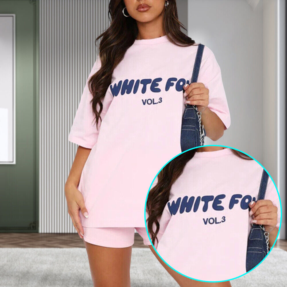 2 Piece White Foxs Womens Boutique T-Shirt Shorts Set Sweatshirt Sweatpants 2024