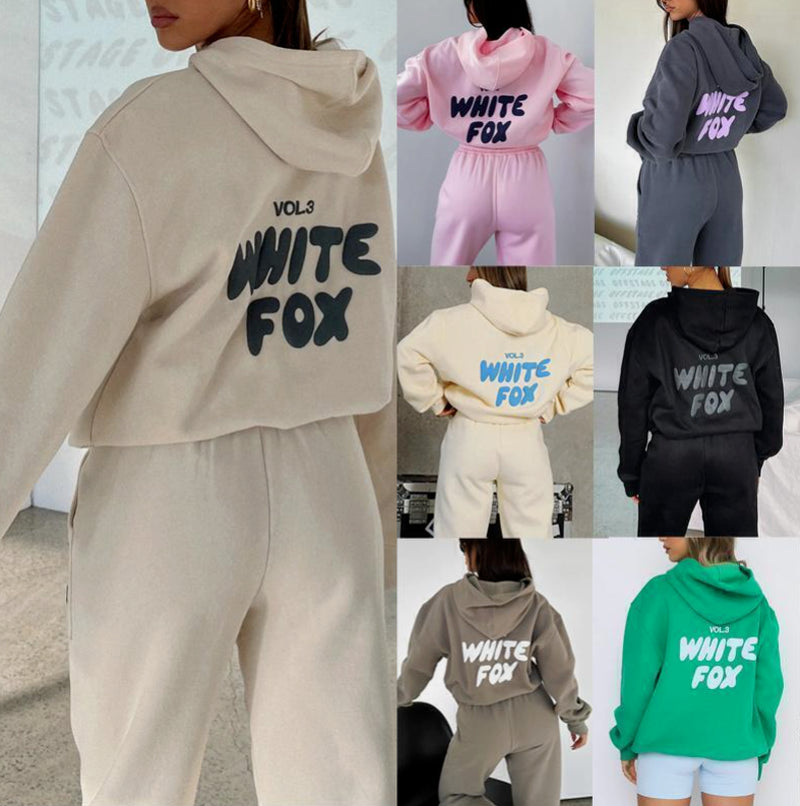 White Fox New Womens Tracksuit Printing Hooded Sweatshirt Suit Trainning Set Cas