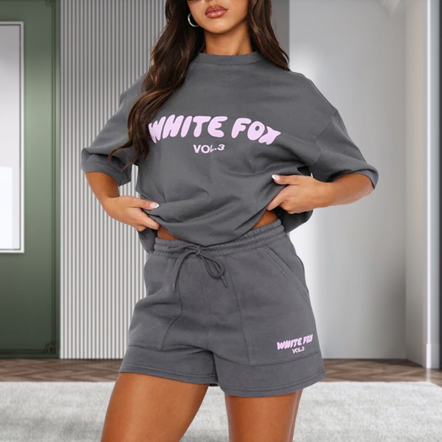 2 Piece White Foxs Womens Boutique T-Shirt Shorts Set Sweatshirt Sweatpants