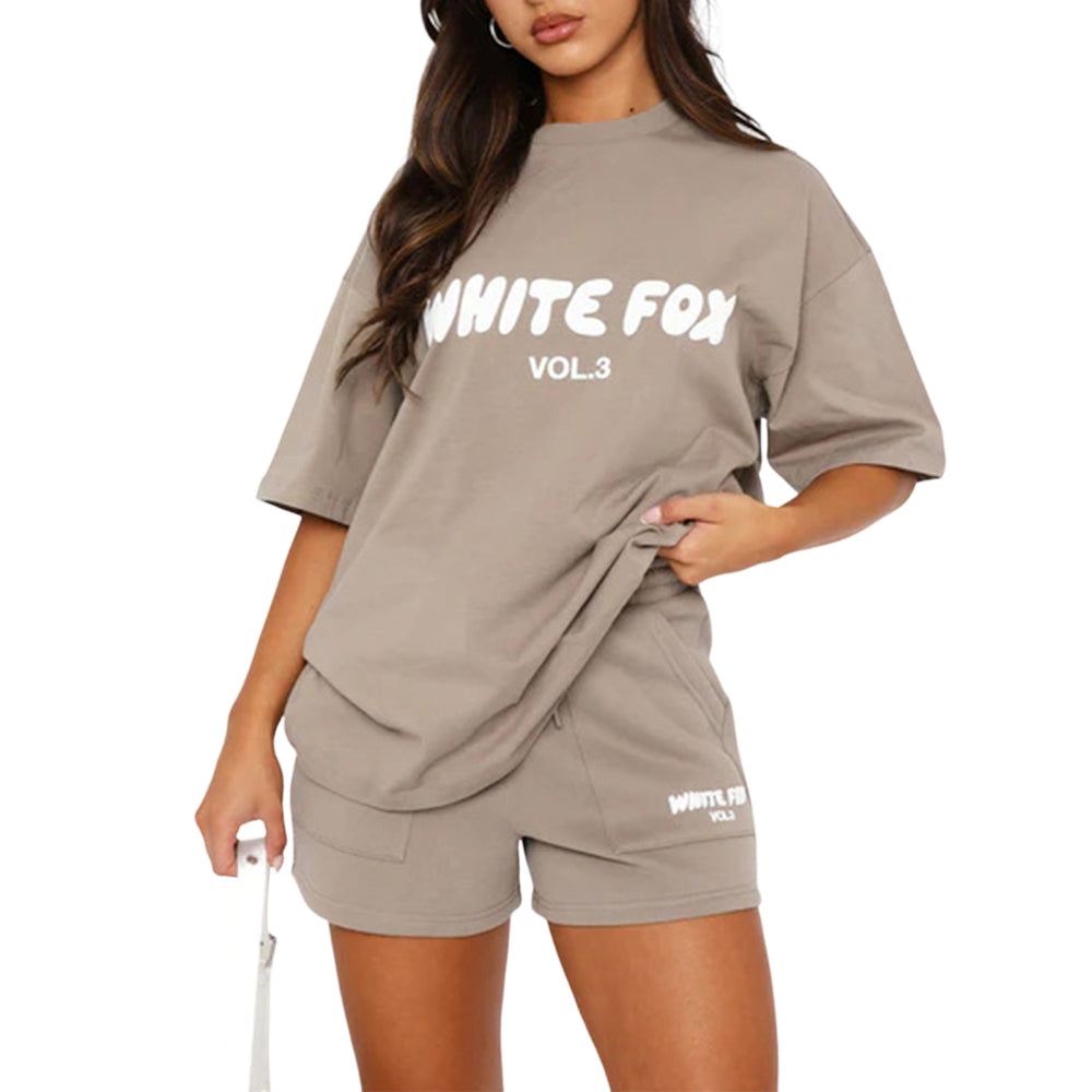 2 Piece White Foxs-Boutique Womens Tracksuits T-Shirt Top Shorts Pants Set AU