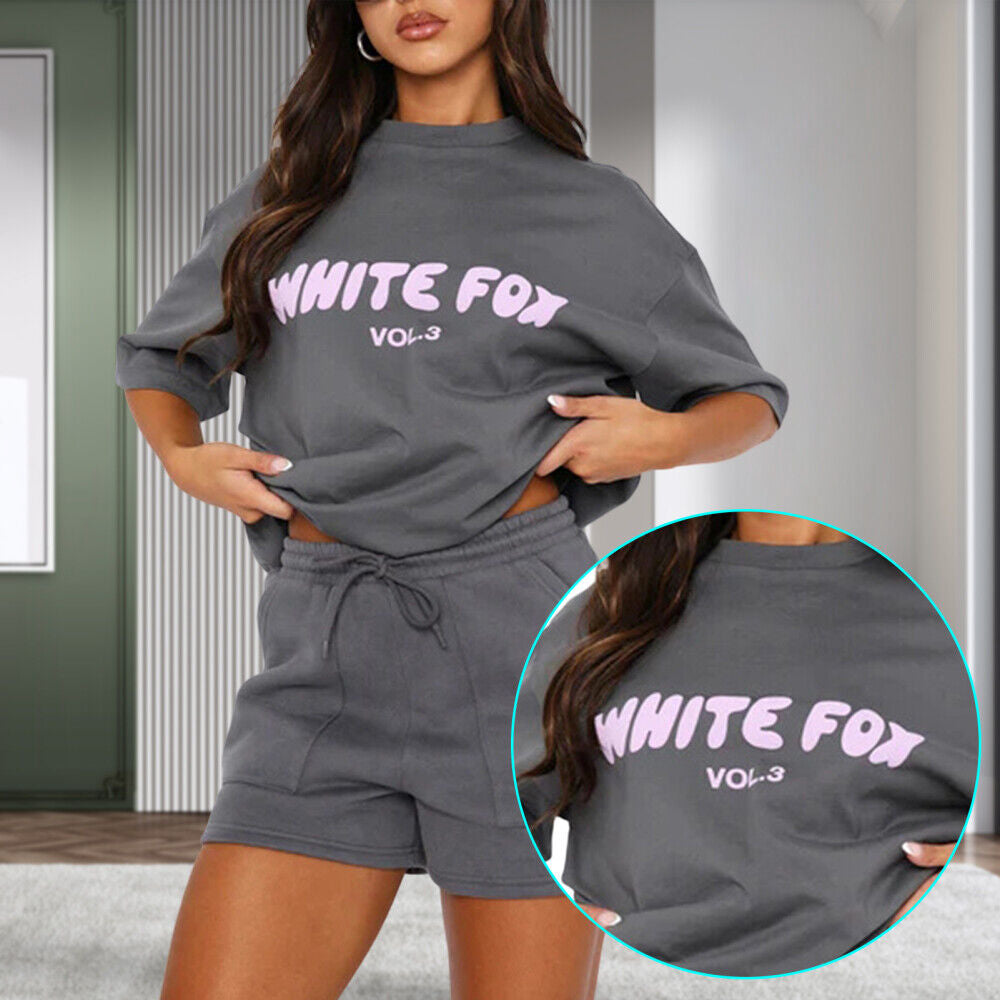 2 Piece White Foxs-Boutique Womens Tracksuits T-Shirt Top Shorts Pants Set AU