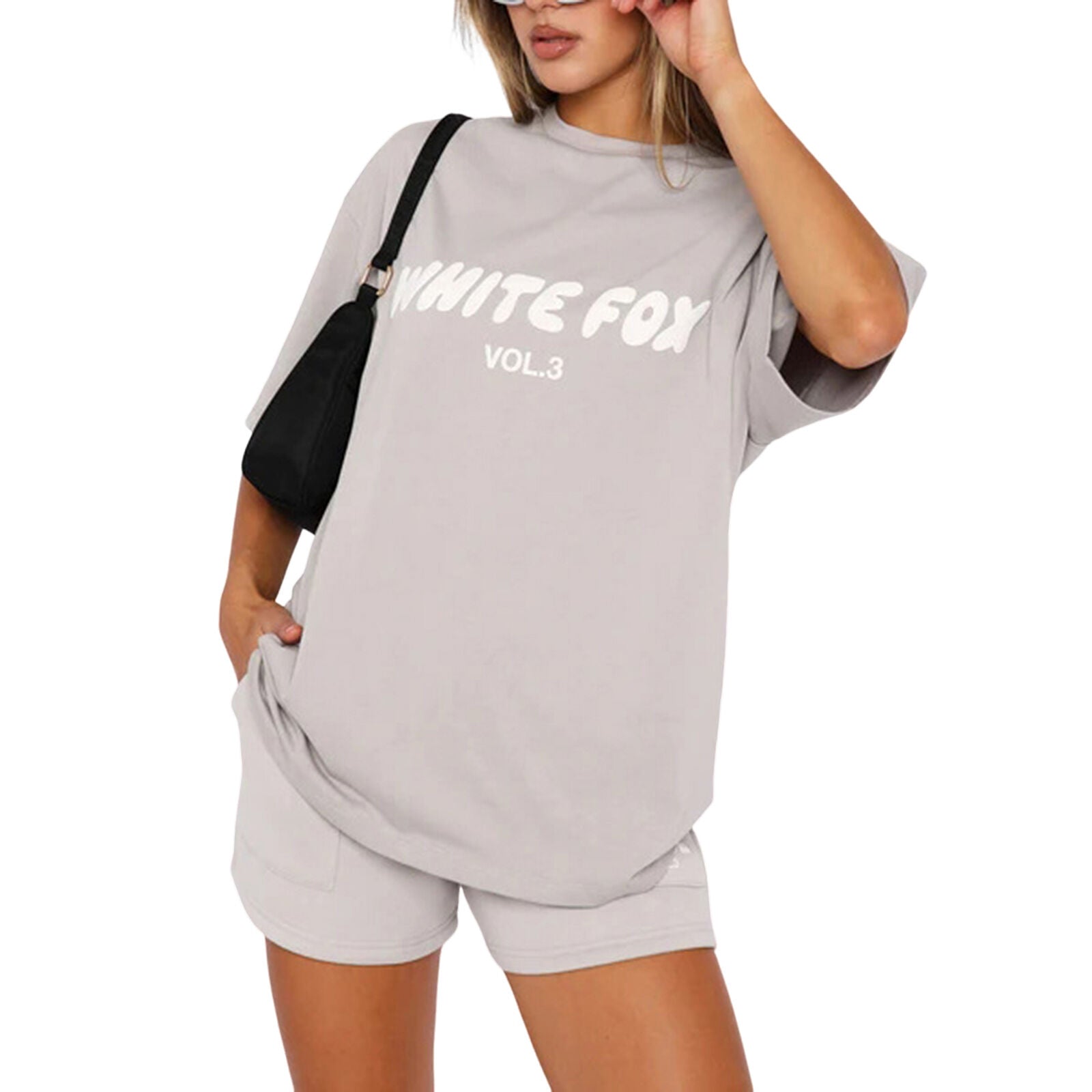 2 Piece White Foxs Womens Boutique T-Shirt Shorts Set Sweatshirt Sweatpants