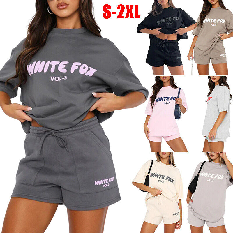 2 Piece White Foxs Womens Boutique T-Shirt Shorts Set Sweatshirt Sweatpants 2024