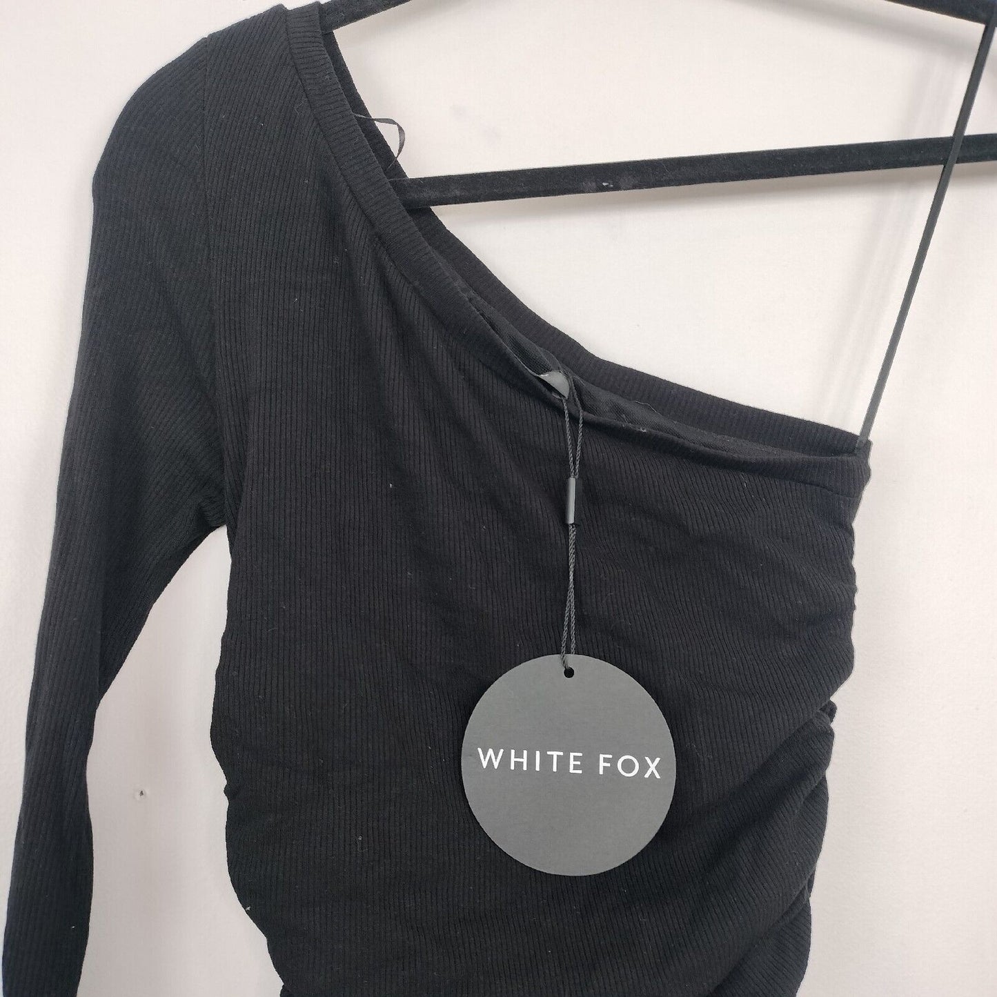 New White Fox Boutique Mini Dress One Shoulder Rib Knit Ruched Sides L/Sleeve S