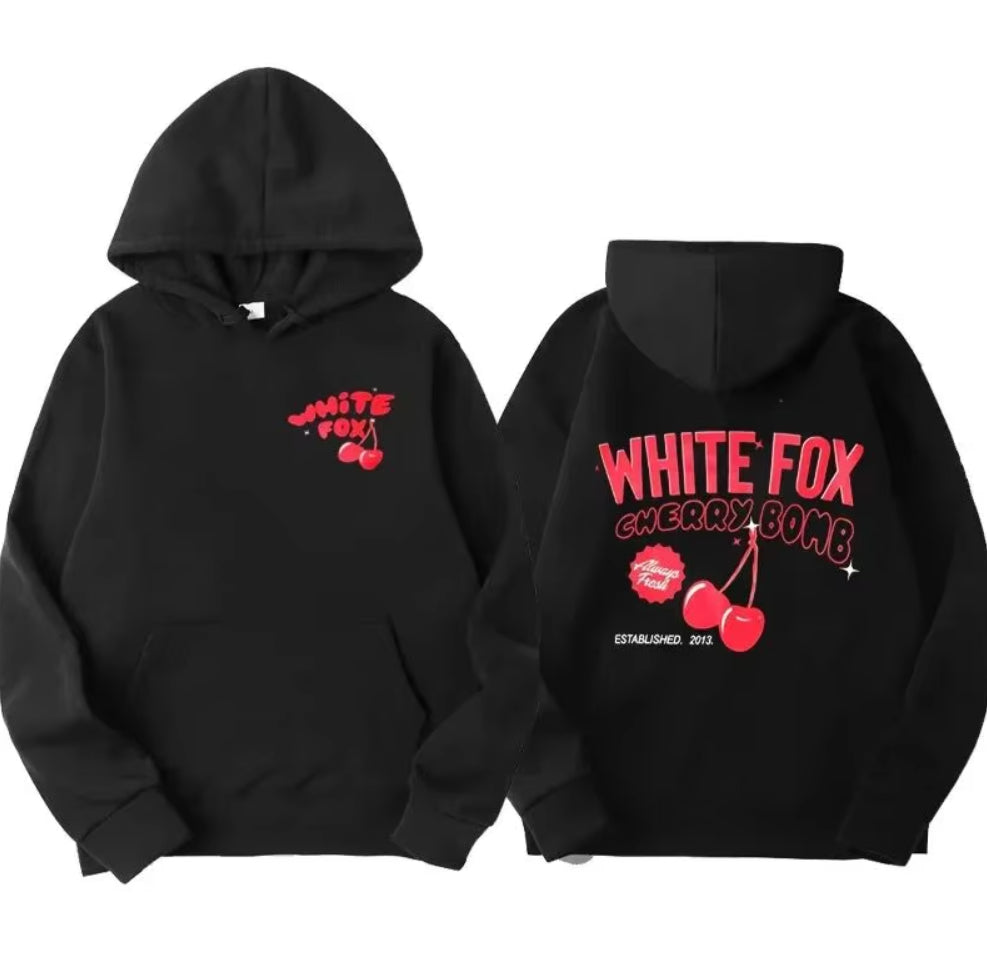 New White Fox Cherry Bomb Print plus Size Hooded Sweatshirt Women'S Cotton High