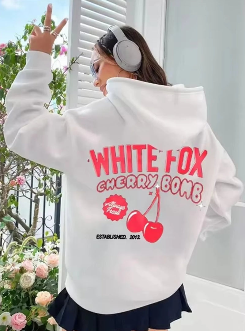 New White Fox Cherry Bomb Print plus Size Hooded Sweatshirt Women'S Cotton High