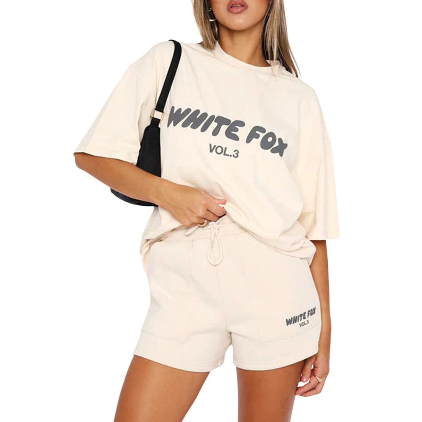 2 Piece White Foxs Womens Boutique T-Shirt Shorts Set Sweatshirt Sweatpants