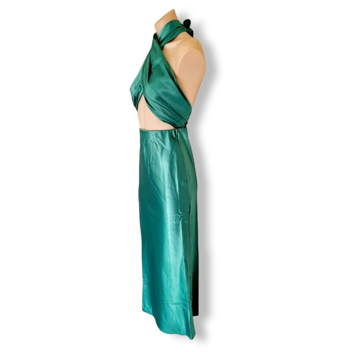 White Fox Emerald Green Silk-Look Crossover Halter Midi Dress Medium AU 10-14