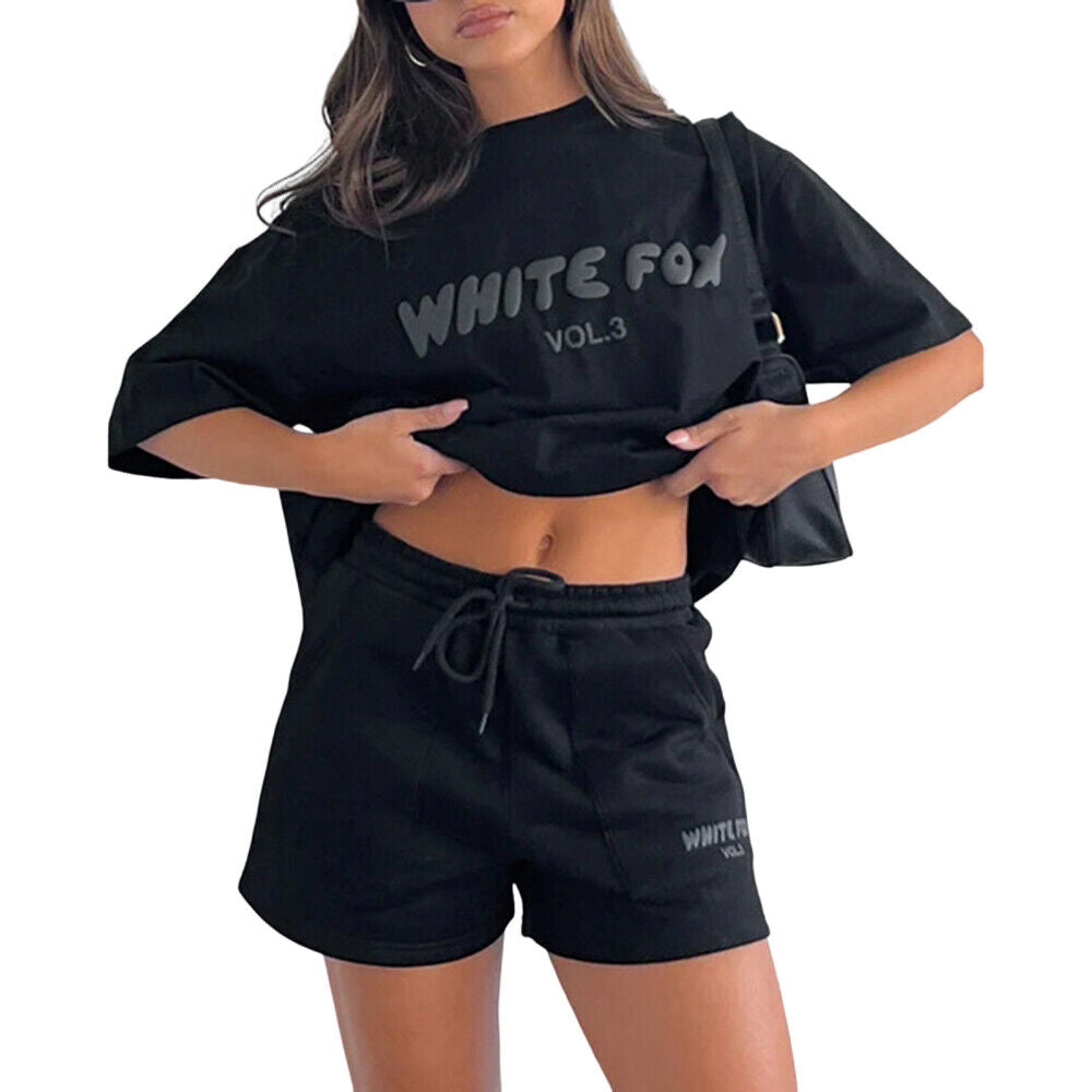 2Pcs White Foxs Boutique Womens Tracksuits T-Shirt Top Shorts Pants Hot